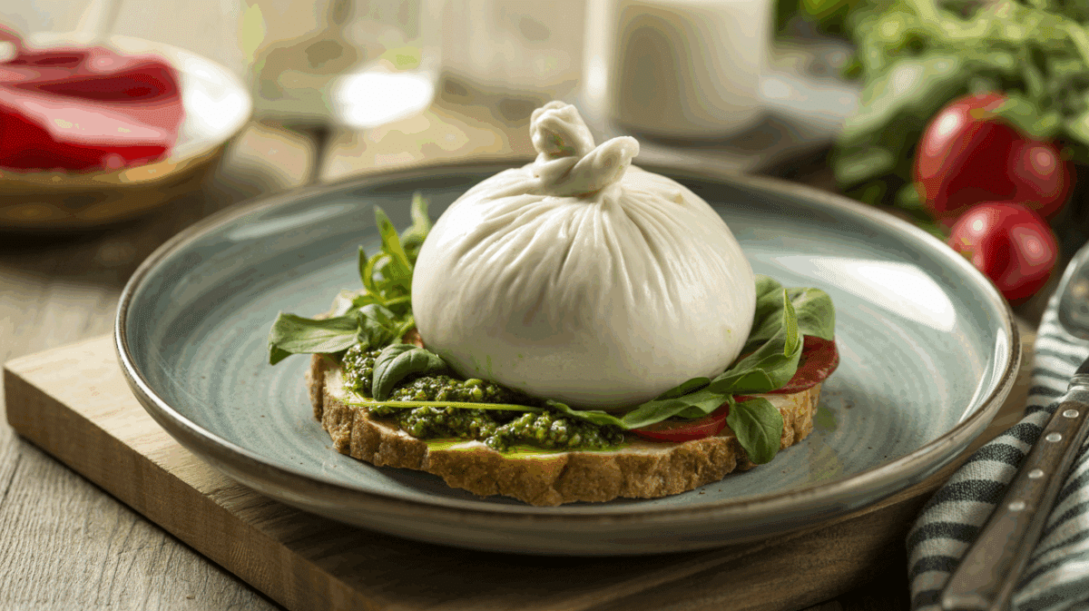 Burrata sur lit de roquette & pesto d’herbes – burrata